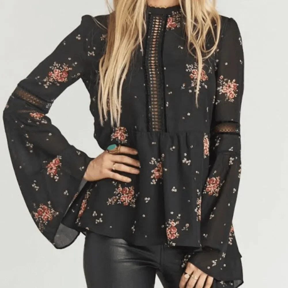 Show Me Your MuMu Lafayette Blouse XS NWT Black Red Cherry Blossom Bell Sleeve